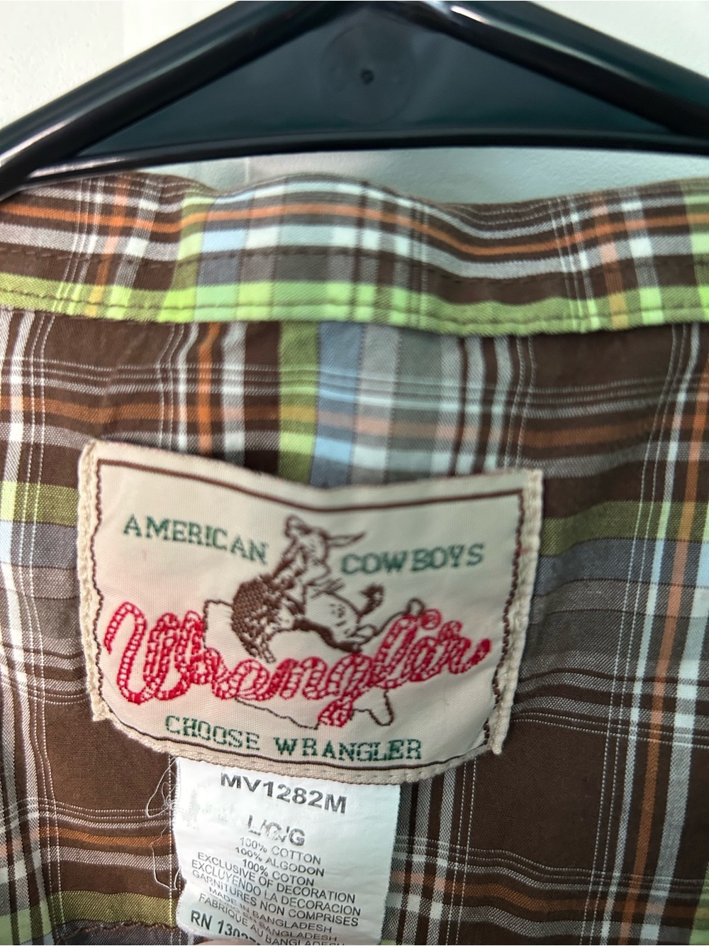 Wrangler Brown Plaid Button-Down Western Shirt with Green Accents Vintage 90s - Picture 4 of 8